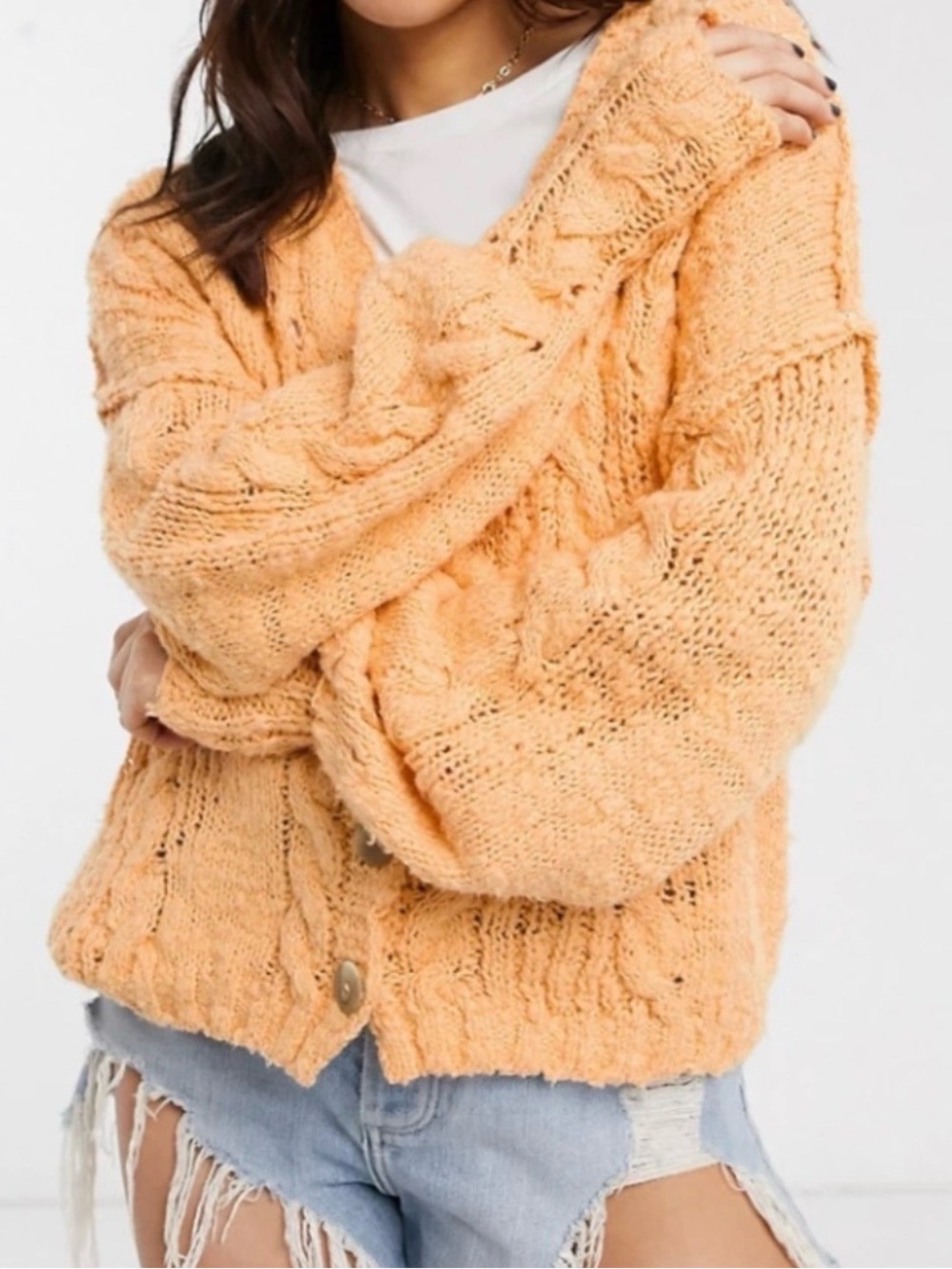 Free People Peach Cable Knit Button Cardigan Sweater